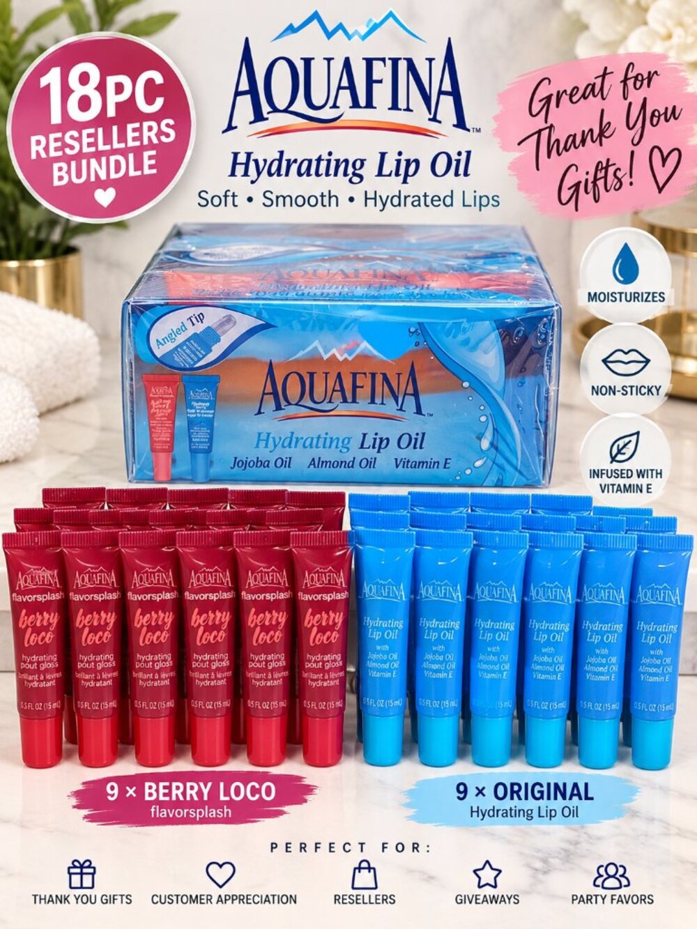 💋 AQUAFINA HYDRATING LIP OIL – 18 PIECE RESELLER BUNDLE